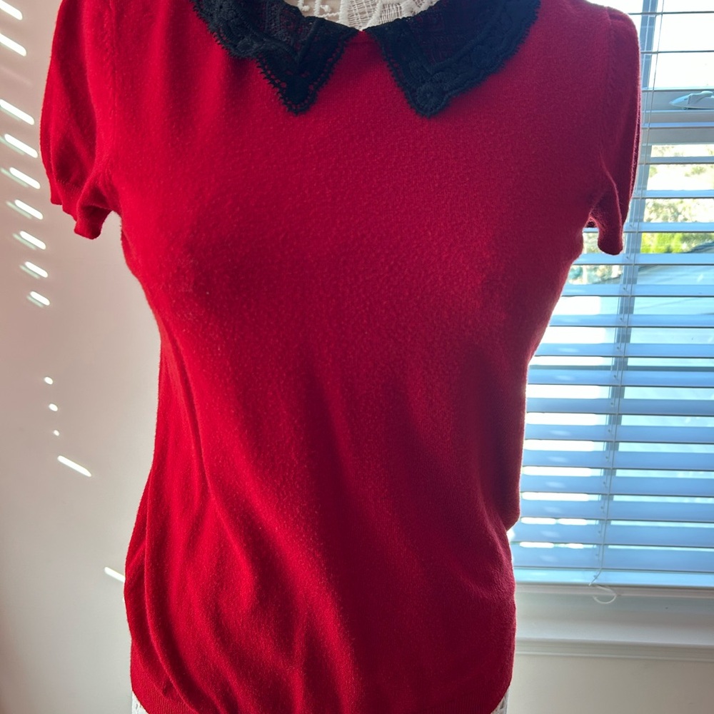 Maison Jules Red Top with Black Lace Collar